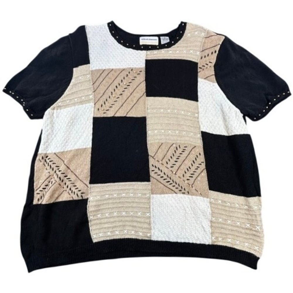 Vintage Alfred Dunner Colorblock Patchwork Beaded Embroidered Knit SS Sweater 2X